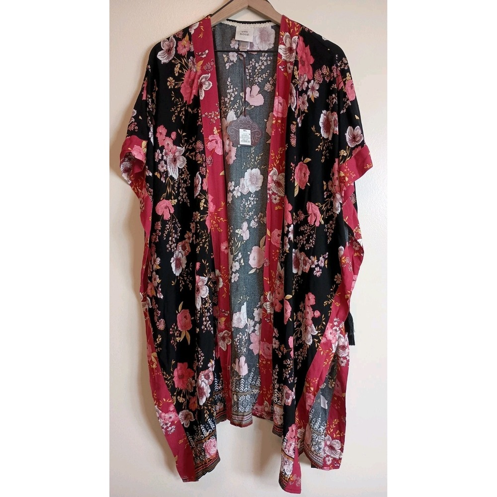 NWT Knox Rose M/L Floral Kimono Duster Boho Open Front Cardigan Tassel Layering